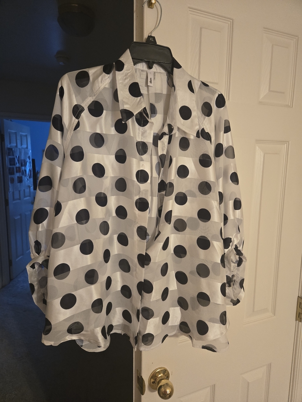 glam Touch Of Love Top White Satin Polka Dot Blouse with Black Dots